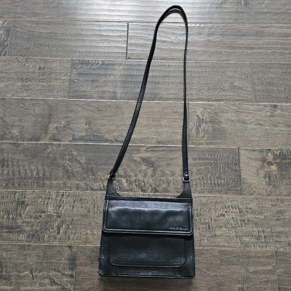 Vintage Rare Fossil Black Leather Crossbody Bag